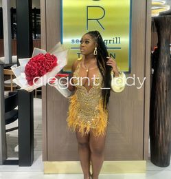 Gold Sparkly Mini Evening Cocktail Dresses for Black girl Luxury Diamond Beaded Feather See Through Birthday Gala Dress