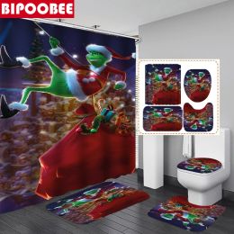 Curtains Green Haired Monster Stole Christmas Bathroom Set Xmas Eve Shower Curtain Bath Mat NonSlip Rug Toilet Cover Partition Curtains