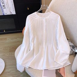 Women's Blouses SuperAen 2024 Spring Pleated Design Transparent Long Sleeved Shirts Solid Color Women Tops