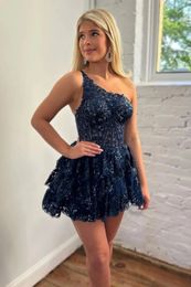 Hot Fashion Black Short Prom Dress 2024 One Shoulder Lace Sequins Appliques Tiered Cocktail Birthday Party Gowns Robe De Soiree