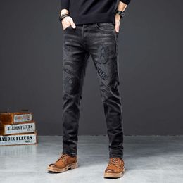 New Jeans, Spring and Autumn Trendy Brand, Black Embroidery, Hot Diamond, Elastic Slim Fit, Small Feet Long Pants, Men's