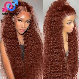 40 Inch Brazilian Glueless Reddish Brown Deep Wave Frontal Wig 250 Density Copper Red Curly Simulation Human Hair Wig 13x4 HD Lace Frontal Wig