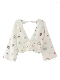 Women's Blouses Vintage Women Sweet Floral Print Linen 2024 Summer Fashion Ladies Soft Boho Cropped Tops Cute Female Chic Pullovers