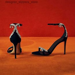 Dress Shoes Newly designed womens sandals crystal chain decoration high heeled dress party shoes womens black ankle strap sandals womens ball pump Q240314