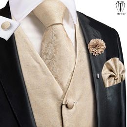 HiTie High Quality Silk Mens Vests Champagne Paisley Waistcoat Neck Tie Hanky Cufflinks Brooch Set for Men Suit Wedding Office 240312