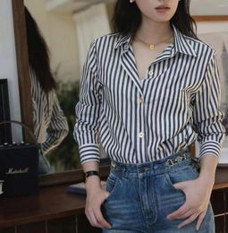 Women's T Shirts 2024 Spring Cotton Top Striped Gold Buckle Versatile Long Sleeved Polo Neck Fashion Shirt