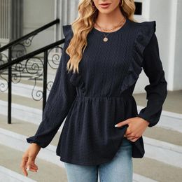 Women's Blouses Jacquard Solid Colour Shirt Pleated Ruffle Blouse Long Sleeve Round Neck Shirts Tops For Ladies Blusas Autumn Winter