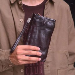 Wallets AETOO Men's Vintage Top Layer Cowhide Leather Wrist Wallet Portable Storage Multi-slot Pleated Design Money Clip Long