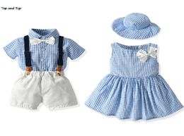 top and top Brother and Sister Baby Matching Outfits Toddler Infant Boys Gentleman SuitPrincess Girls Tutu Dress Plaid outfit 2104913305