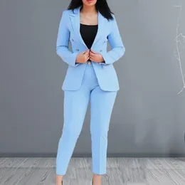 Women's Two Piece Pants Solid Colour Trouser Suit Elegant Double-breasted Set With Slim Fit Lapel Jacket For Formal Business Wear