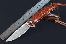 1Pcs New M7728 Flipper Knife 8Cr14Mov Stone Wash Drop Point Blade Rosewood with Steel Sheet Handle Ball Bearing Outdoor Camping Hiking Fishing EDC Pocket Knives