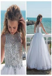 2022 Bling Beaded Crystal Flower Girls Dresses For Teens Tulle Floor Length Beach Girl Pageant Party Gowns Tulle Skirt Formal Kids6322763