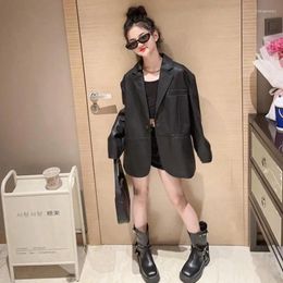 Jackets Girl Pu Leather Jacket 2024 Spring Autumn Black Fashion Blazer Coats Teenage Outerwear Tops 6-16 Years Wz1221