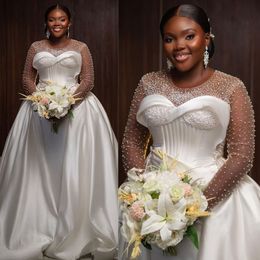 Size 2024 Plus Mermaid Dress Bride with Detachable Train Bridal Illusion Long Sleeves Pearls Satin Wedding Gowns for African Black Women Girl NW146