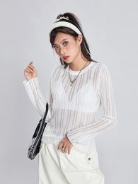 Women's T Shirts Women Y2k Long Sleeve T-shirt Crewneck Loose Fit Going Out Crop Tops Ribbed Knit See Through Basic Shirt
