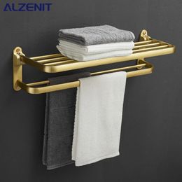 Bathroom Accessories Brushed Gold Space Aluminum Towel Rack Shelf European Hardware Pendant Set Storage Towel Bar Paper Holders 240312