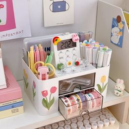 Ins Desktop Pen Holder Stationery Storage Box with Drawer Container Office School Supplies Kawaii Desk Accessories Pens 240314