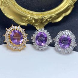 Cluster Rings 925 Sterling Silver Oval Cut Natural Amethyst Vintage Luxury Size Adjustable For Women