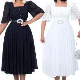 Ethnic Clothing Women Elegant A Line Dress Chiffon Midi Short Sleeves Square Collar High Waist Modest Summer Gowns Classy Black White Robes