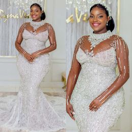 2024 Plus Size Mermaid Wedding Dress for Bride Bridal Gowns High Neck Luxury Long Sleeves Beaded Lace Rhinestones Wedding Gowns for African Black Women Girls NW137