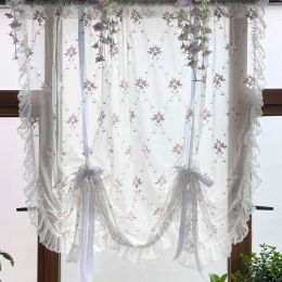 Curtains French Country Pink Flower Embroidery Sheer Tie Up Curtains for Kitchen Window Ajustable Height Valance Balloon Curtains 1 Panel