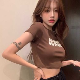 American Spicy Girl Short Sleeve T-shirt Womens 2024 Summer Slim Fit High Waist Naked Short Top Instagram Trend