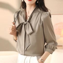 Women's Blouses Autumn Silk Satin Blouse Casual Tops French Style Bow Long Sleeve Shirt Elegant Office Lady Solid Loose Clothes Blusas 28435