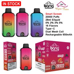 Original Bang 20000 Puffs 20K Smart Screen Dual Mesh Coil Disposable Vapes Box Kit Puff E Cigarettes Rechargeable 650mAh Battery 0% 2% 3% 5% 16 Flavors Vaper