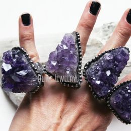 Y2K Amethyst Cluster Druzy Geode Stalactite Flower Crystal Adjustable Women Statement Ring Wicca Boho Hippy Goth Witch Jewellery 240311