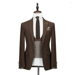 Men's Suits 2024 Formal Brown Slim Fit Jacket Men Wedding Groom Houndstooth Vest Pant Prom Tuxedo Gentleman 3 Piece Business