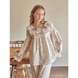 Womens Sleepwear Pyjamas Sleeve Collar Style Sweet Cartoon Nightgown Ruffles Women Long Bow Vintage Print with Square Sets Female Home