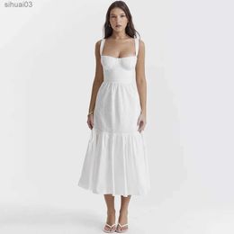 Basic Casual Dresses Mingmingxi High Quality Womens Summer Dress 2023 Linen-cotton Blend Jacquard Dress Elegant Sexy Slip White Vacation Dress MidiL2403