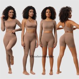 Women Autumn Sexy Seamless Yoga Wear Solid Colour Long Sleeve High Stretch Pleated Quick Dry Fiess Three Piece Set Shapewear