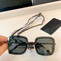 Luxury women model Square Mixed Chain sunglasses HD UV400 Gradient Lens quality exqusite three layers metal leatherpearl chain 63-15-145 full-case outlet