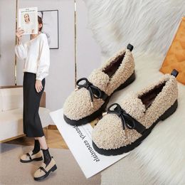 Casual Shoes 2024 Ins Pu Leather Bow-knot Fleeces Loafers Winter Women Warm Plush Flats Curly Wool Fur Moccasins Femme Big Size 42/43