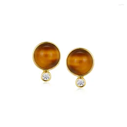 Stud Earrings Natural Tiger Eye Stone And CZ Gemstone 925 Sterling Silver 18k Gold Plated For Women