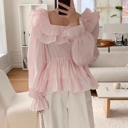 Women's Blouses Clothland Women Sweet Ruffled Blouse Flare Sleeve Square Collar Shirt Pink White Black Chic Tops Blusa LA879