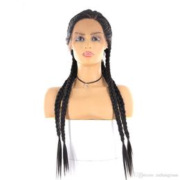 Long Braided Synthetic Lace Front Wigs For Black Women SOKU Natural Black Colour Lace Front Braided Wig 24Inch Part Trendy Wig new2822393