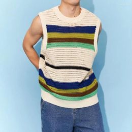 Men's Tank Tops Spring Hollow Stripe Knitwear Sweater Vest 2024 Contrast Colour O Neck Casual Korean Fashion Male Sleeveless Tees