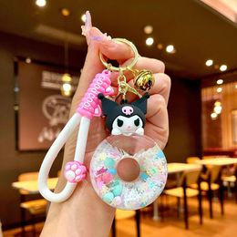 2024 Cute pink donuts quicksand bottle keychain acrylic oil filled backpacks car cartoon key pendants wholesale