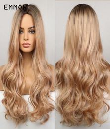Synthetic Wigs Emmor Long Wavy Hair Wig Ombre Brown To Blonde For Women Natural Middle Part Heat Resistant Cosplay54165252459621