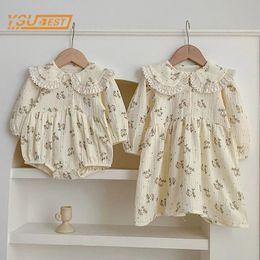 Spring Baby Girls Long Sleeve Sweet Sisters Flower Print Dress Autumn Infant Rompers Kids Princess Clothes 240311