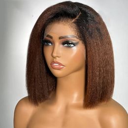 Soft Preplucked Ombre Brown 180Density Yaki Glueless Short Bob Kinky Straight Lace Front Wig for Women BabyHair Heat Resistant