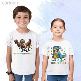 T-shirts Its Ok To Be Different Print T-shirt Autism Awareness Shirt Dinosure T Shirt Autism Top Puzzle Piece Autism Gifts for Youth Kid ldd240314