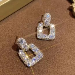 2024 Korean Fashion Shining Rhinestone Hollow Square Drop 14k Yellow Gold Earrings for Women Girls Vintage Crystal Luxury Jewelry Party Gifts