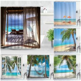 Set Seaside Beach Shower Curtains Tropical Palm Trees Plant Ocean Hawaii Vacation Nature Scenery Bath Curtain Summer Bathroom Decor