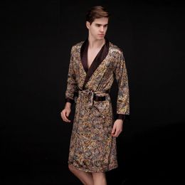 Coffee And Navy Blue Men Silk Robes Male Senior Satin Sleepwear Summer Long Paisley Pattern Robe Set Long Sleeves Nightgown 240314