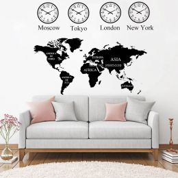 Stickers Moscow,Tokyo,London,New York Clock World map Wall Decal For Office Wall Decor Mural World Map Sticker Art Home Decoration LC1236