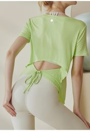 ll Womens Yoga Shirt Outfit Short Sleeve Crew Neck Breathable Seamless Women Fintness Gym Short Crop Top Summer T Shirt 8915