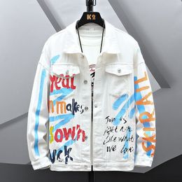 Men Letters Printed Denim Jacket Painted White Jean Coat Streetwear Casual Top Outerwear 240304